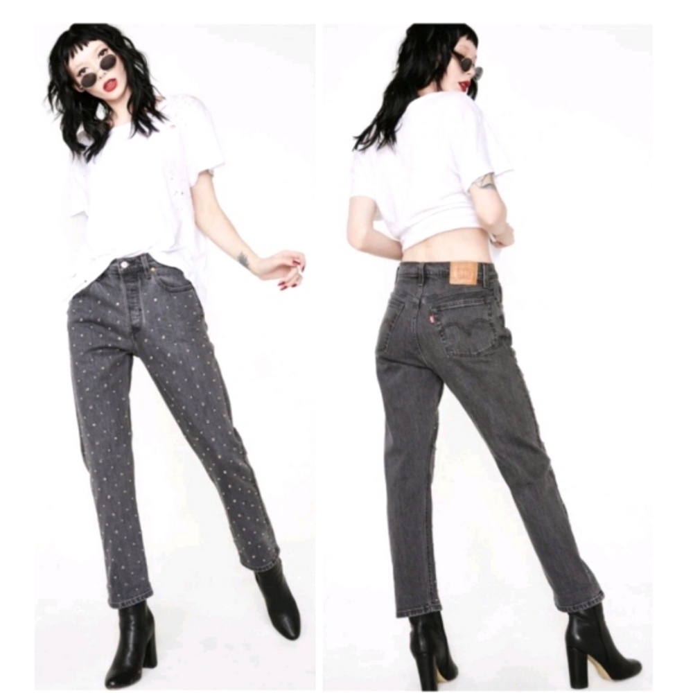 Levi's 501 Gray Studded Premium Denim Cropped Leg Jean Straight Leg Grunge Sz 25